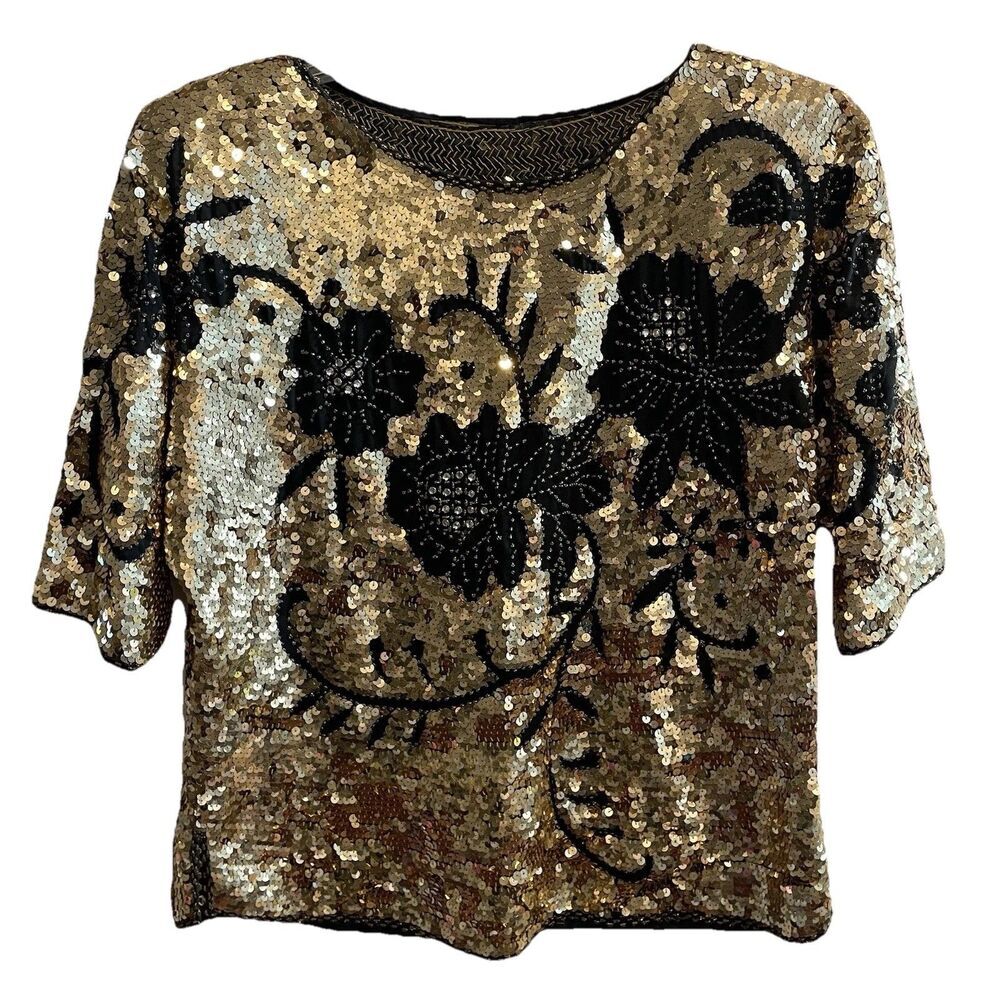 70s 80s Vintage Top Black Gold Sequins Disco Retro Art Deco M / L Women Floral - Picture 1 of 9